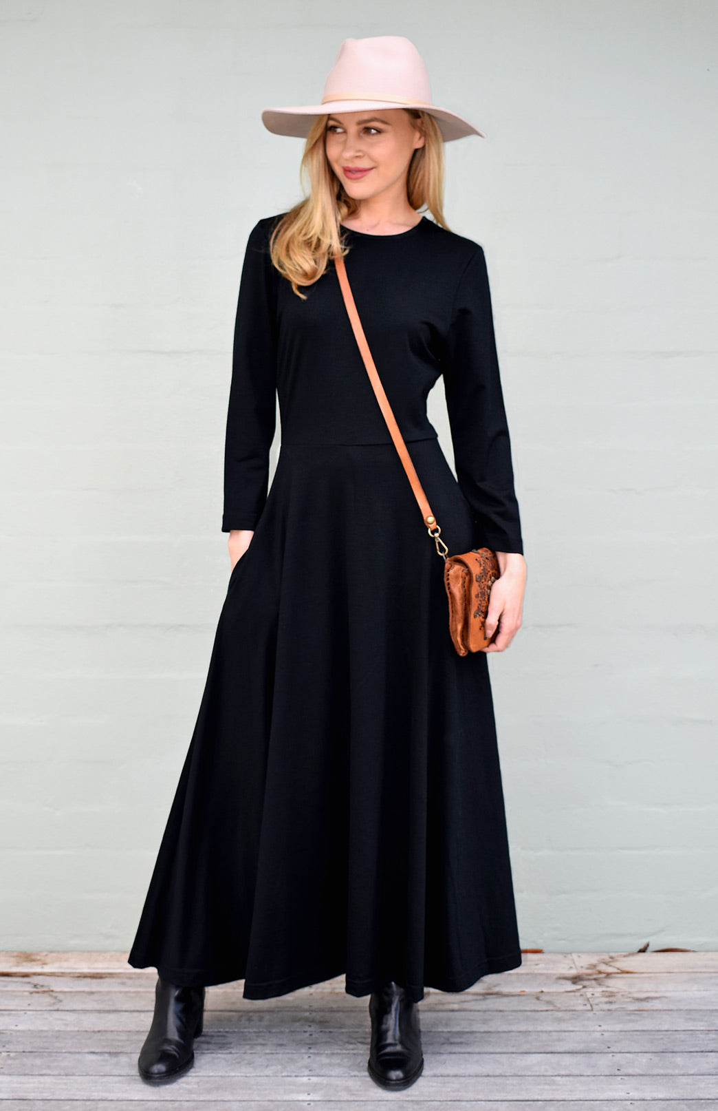 Black Women's Merino Wool 7/8 Sleeve Dress
