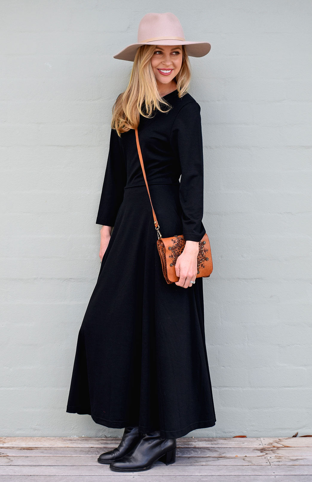 Black Women's Merino Wool 7/8 Sleeve Dress