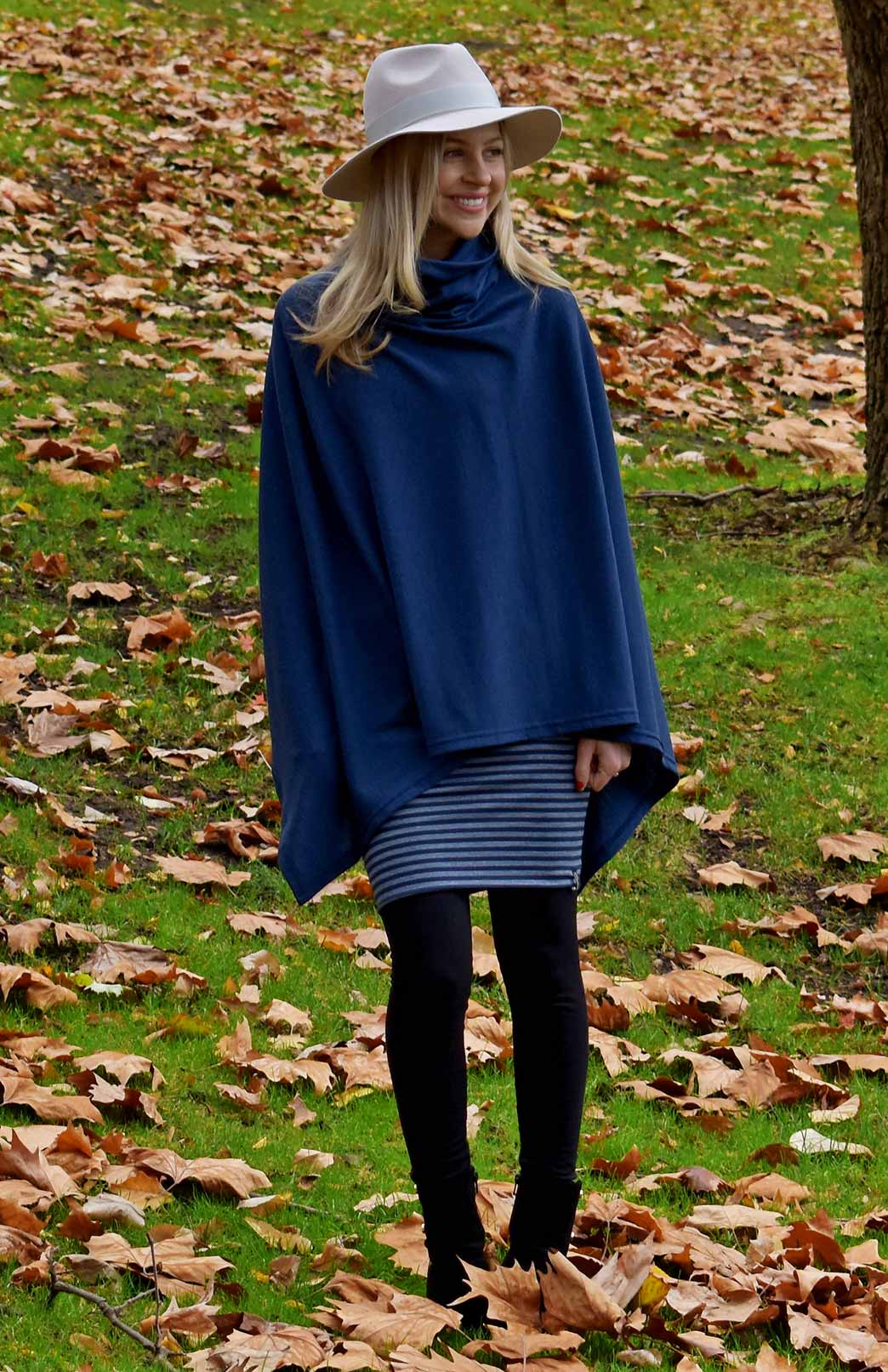 French Navy Blue Women&#39;s Merino Wool Polo Neck Poncho

