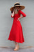 Flame Red Women&#39;s Merino Wool Dress with High Waist and 3/4 Sleeves
