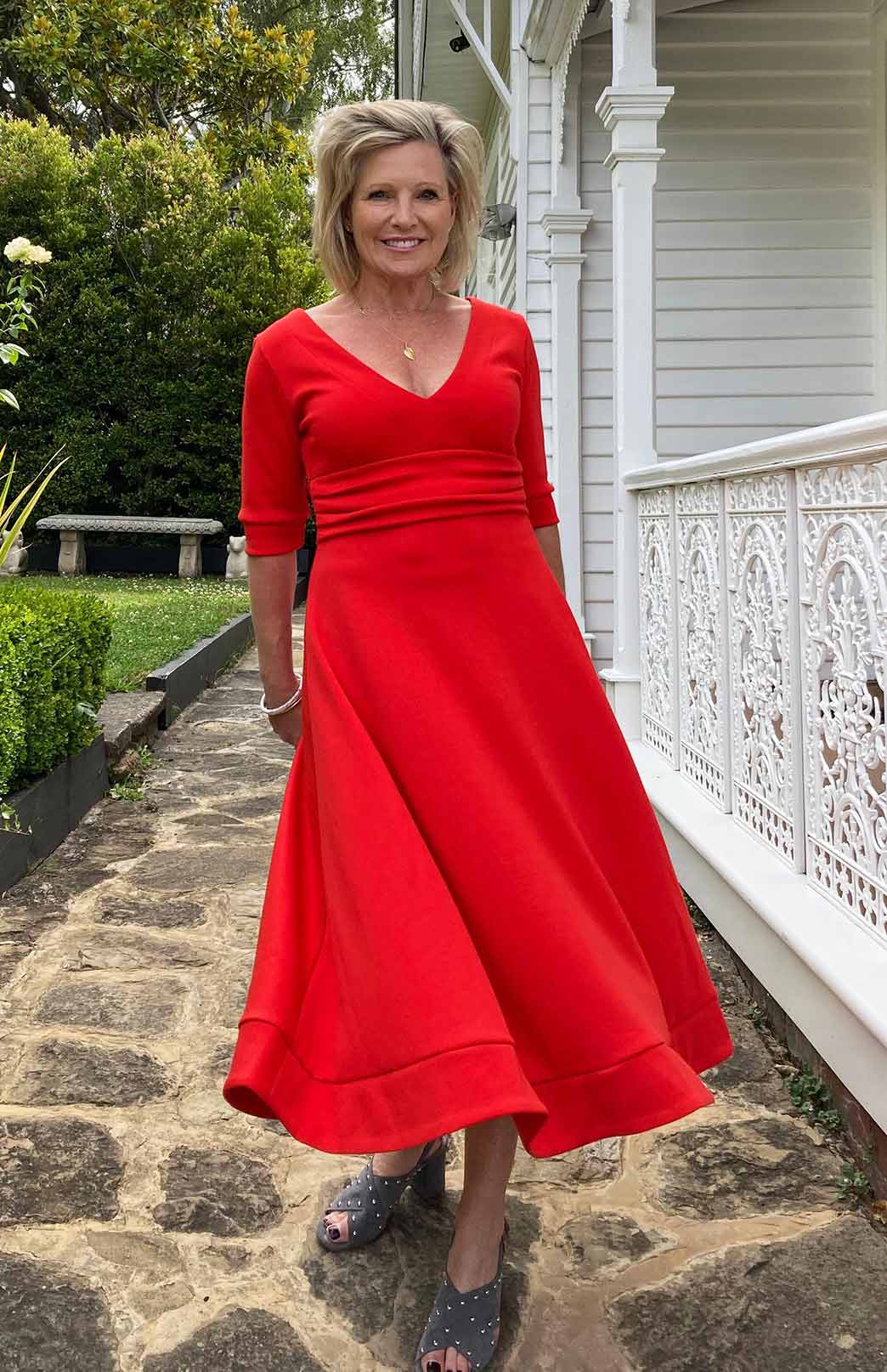 Californian Poppy Red Women&#39;s Merino Wool V-Neck Classic Dress
