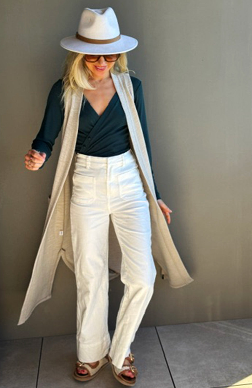 Oatmeal Marl Women's Slimline Long Cardigan with side pockets