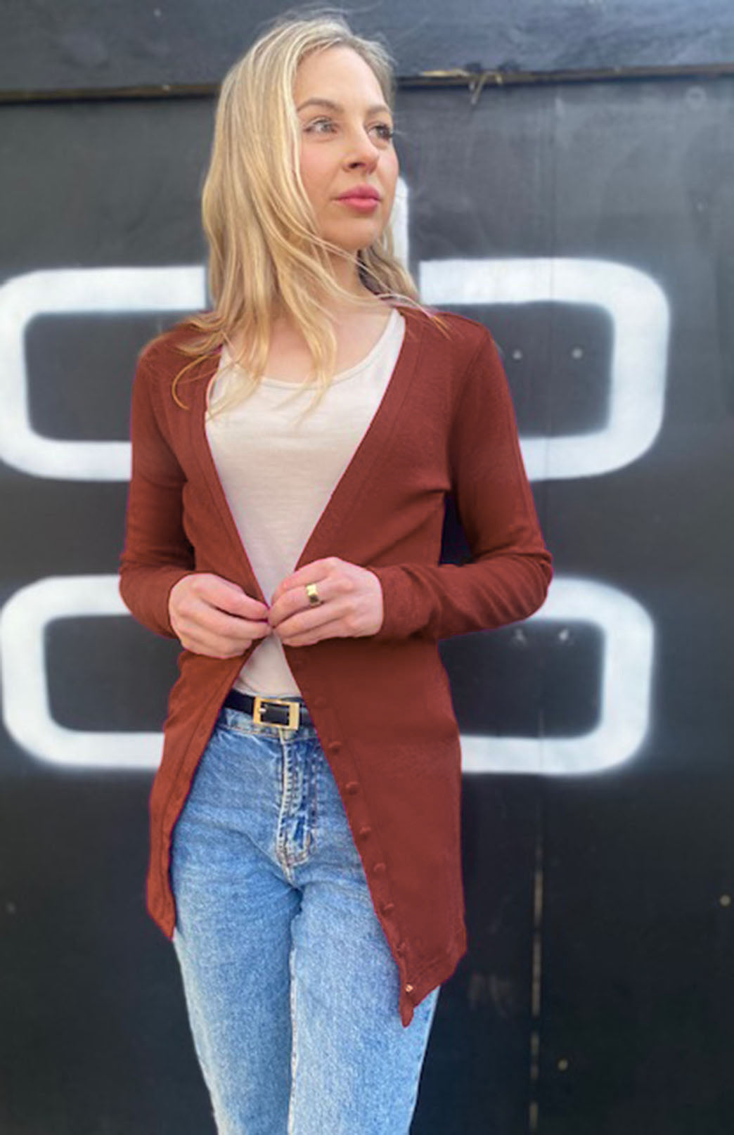 Shiraz Red Women's Merino Wool Long Sleeve Button Cardigan