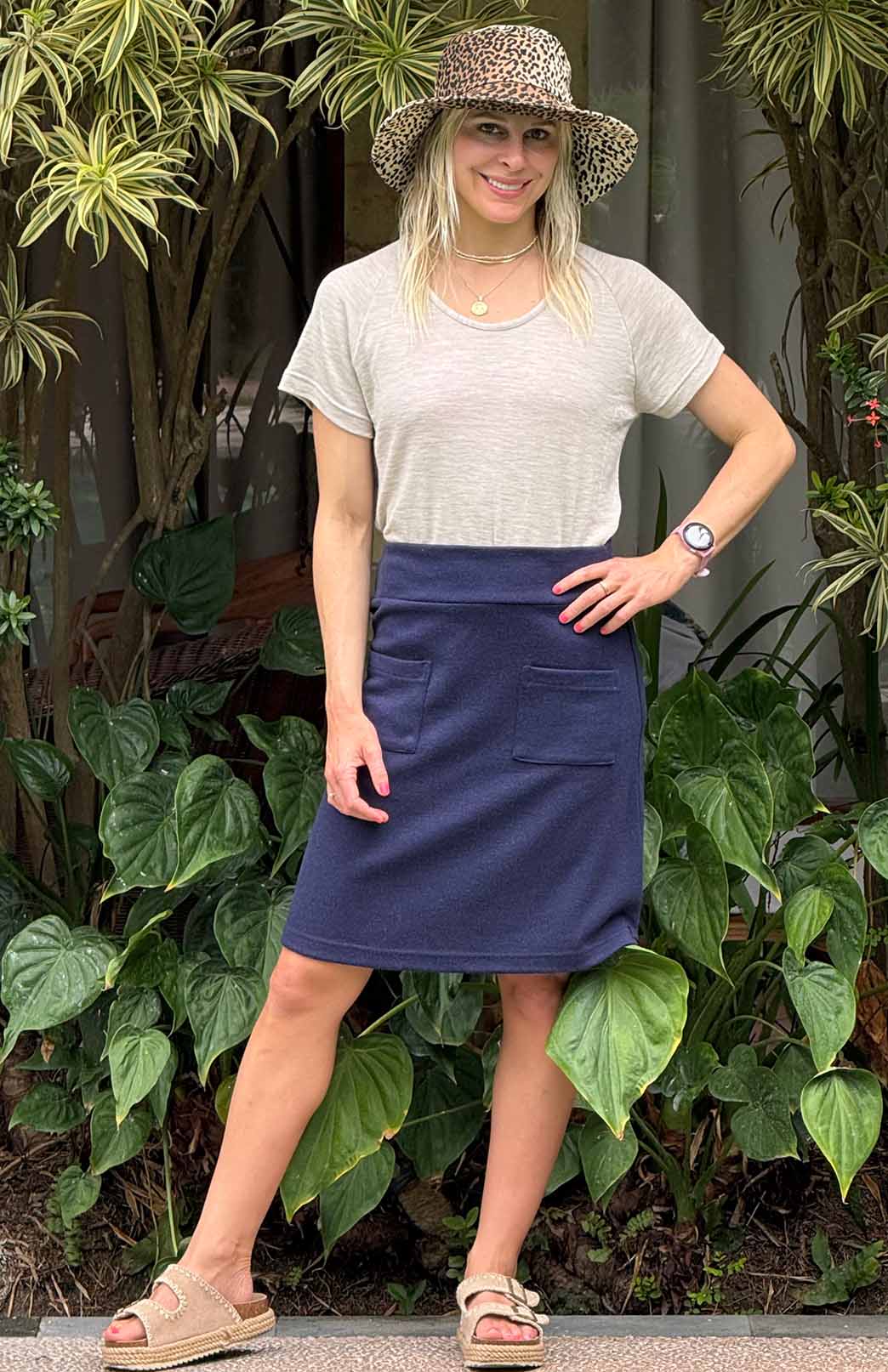 Navy Blue Marl Women's Merino Wool A-Line Skirt with front pockets
