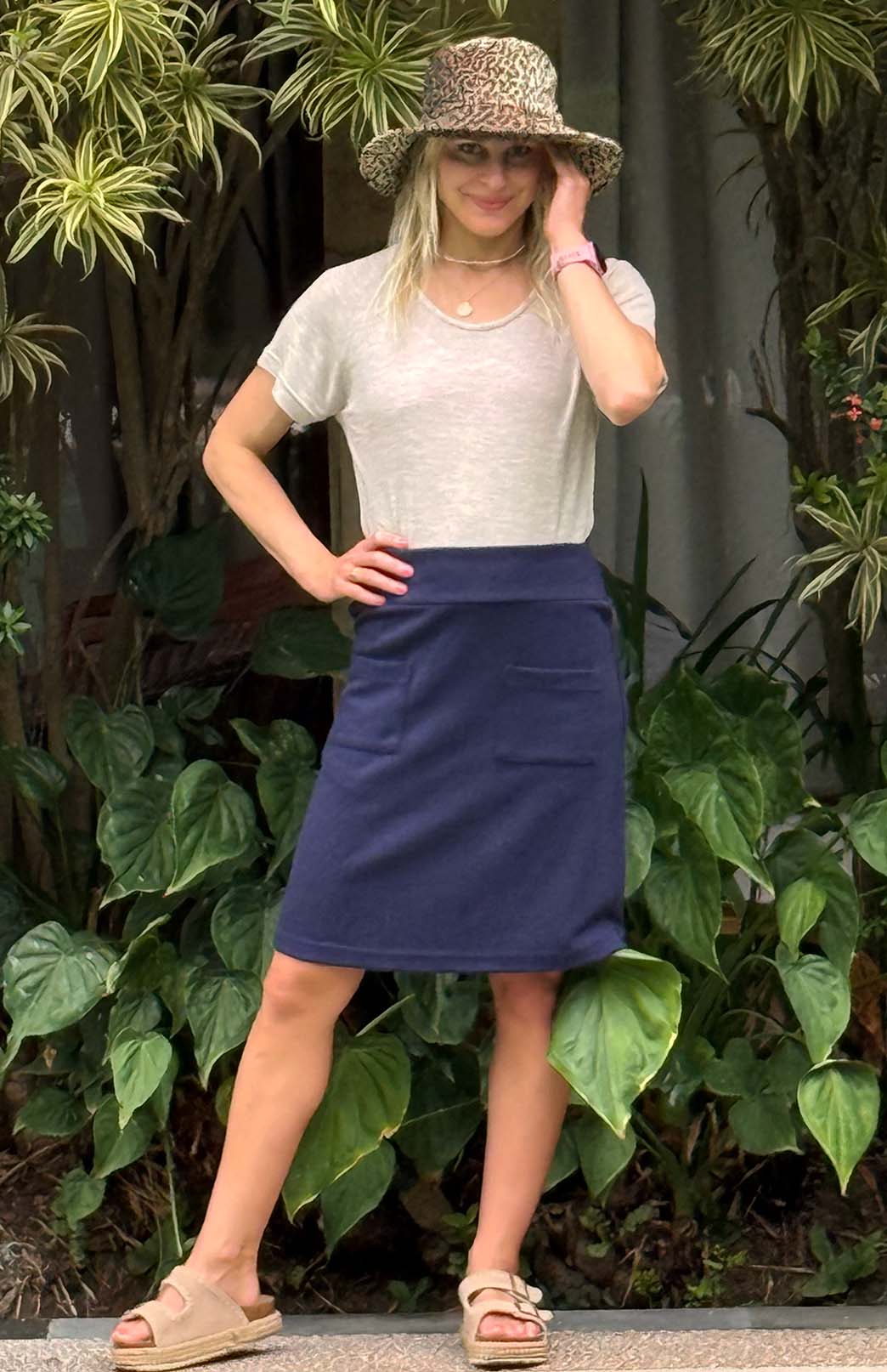 Navy Blue Marl Women's Merino Wool A-Line Skirt with front pockets