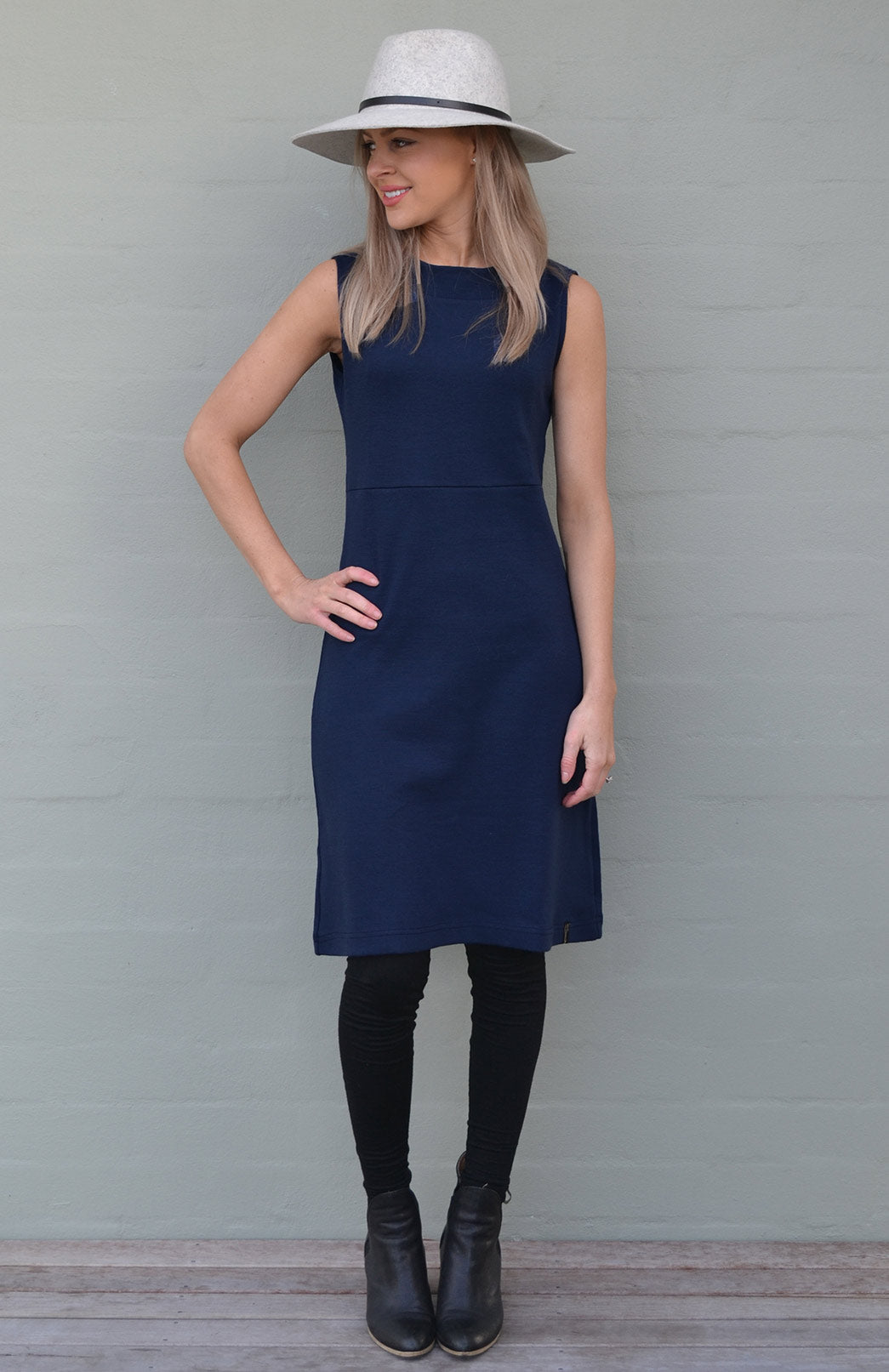 French Navy Blue Women's Merino Wool Sleeveless Straight Dress
