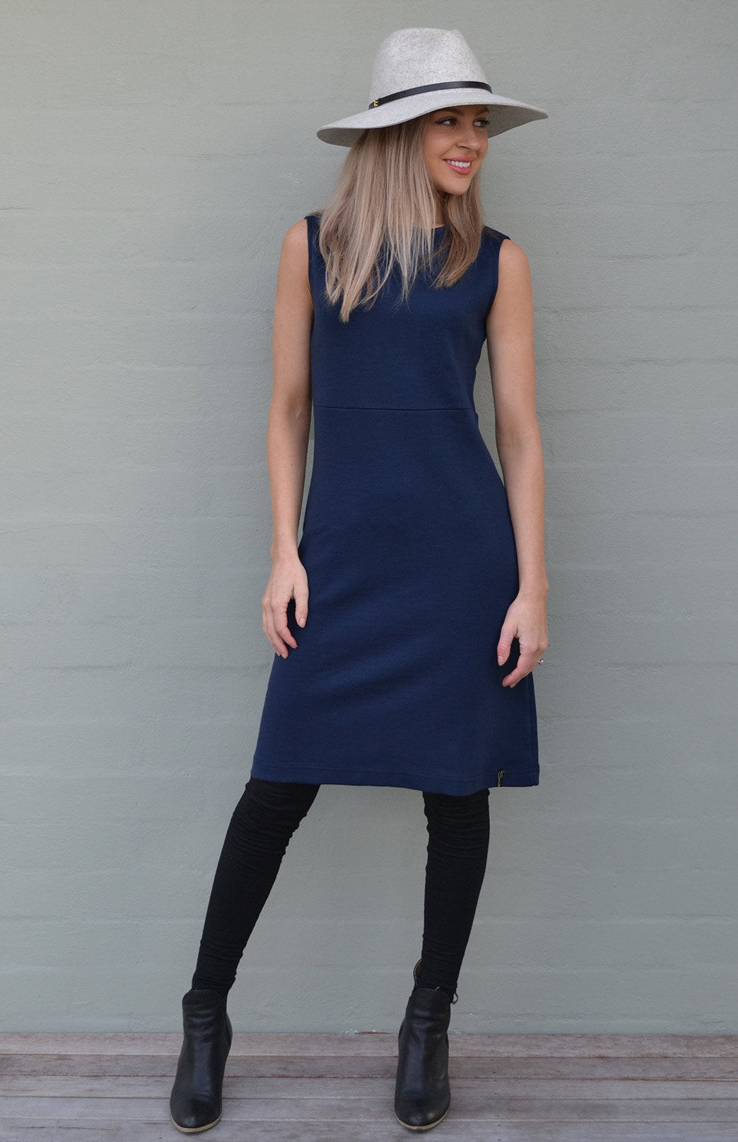 French Navy Blue Women's Merino Wool Sleeveless Straight Dress
