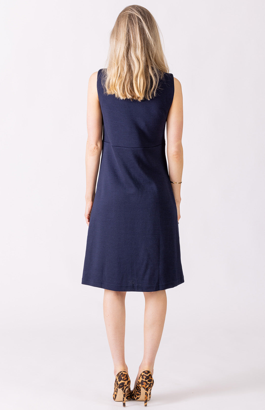 French Navy Blue Women's Merino Wool Sleeveless Straight Dress