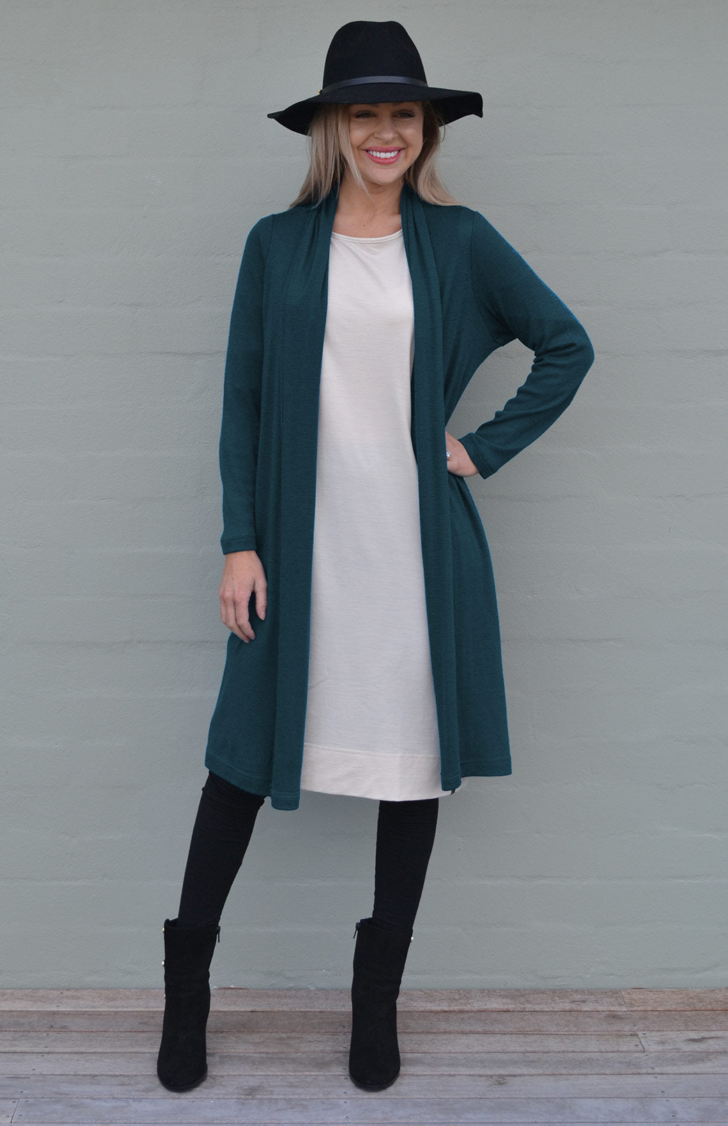 Deep Sea Green Women's Merino Wool Long Drape Cardigan