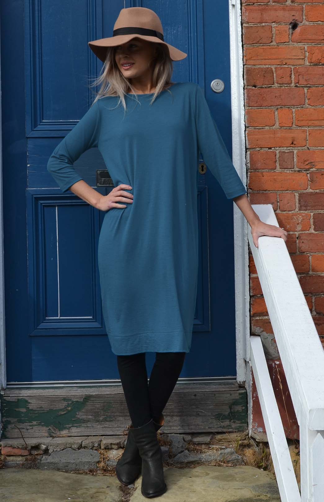Storm Teal Women's Merino Wool Shift Dress