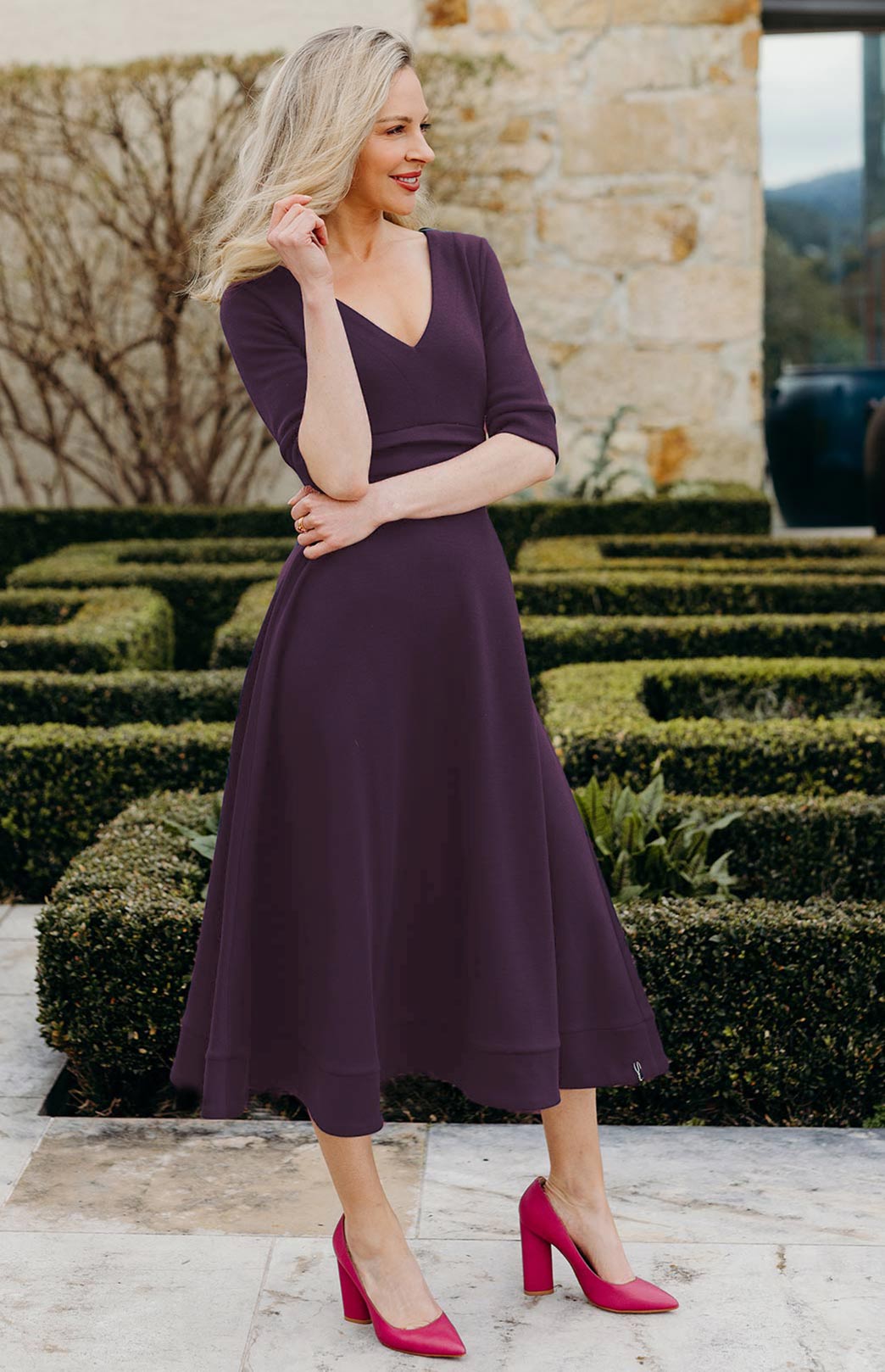 Aubergine Purple Women&#39;s Merino Wool V-Neck Classic Dress
