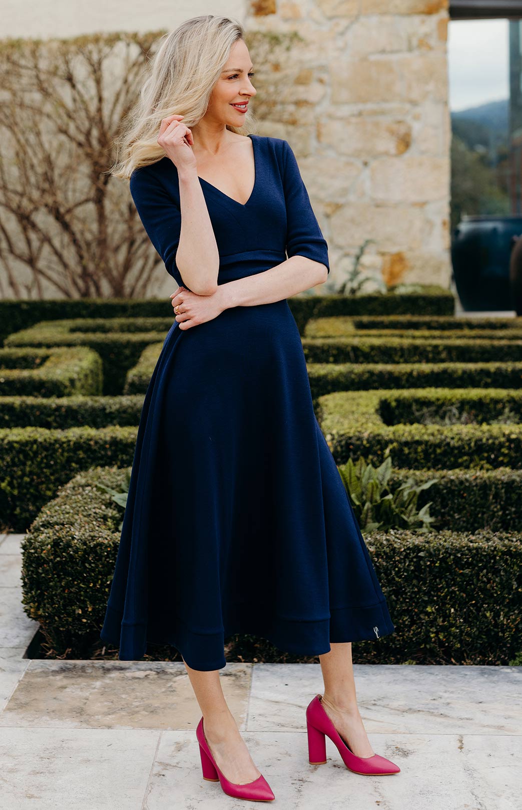 Ava Dress - Ponte Women's Merino Wool V-Neck Classic Dress