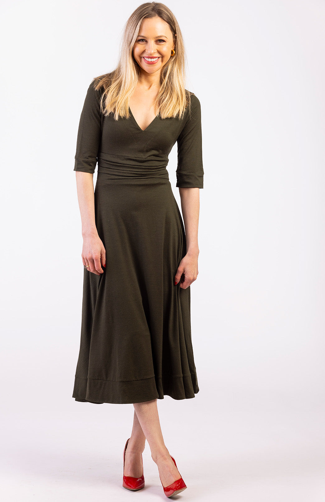 Kale Green Women's Merino Wool V-Neck Classic Dress