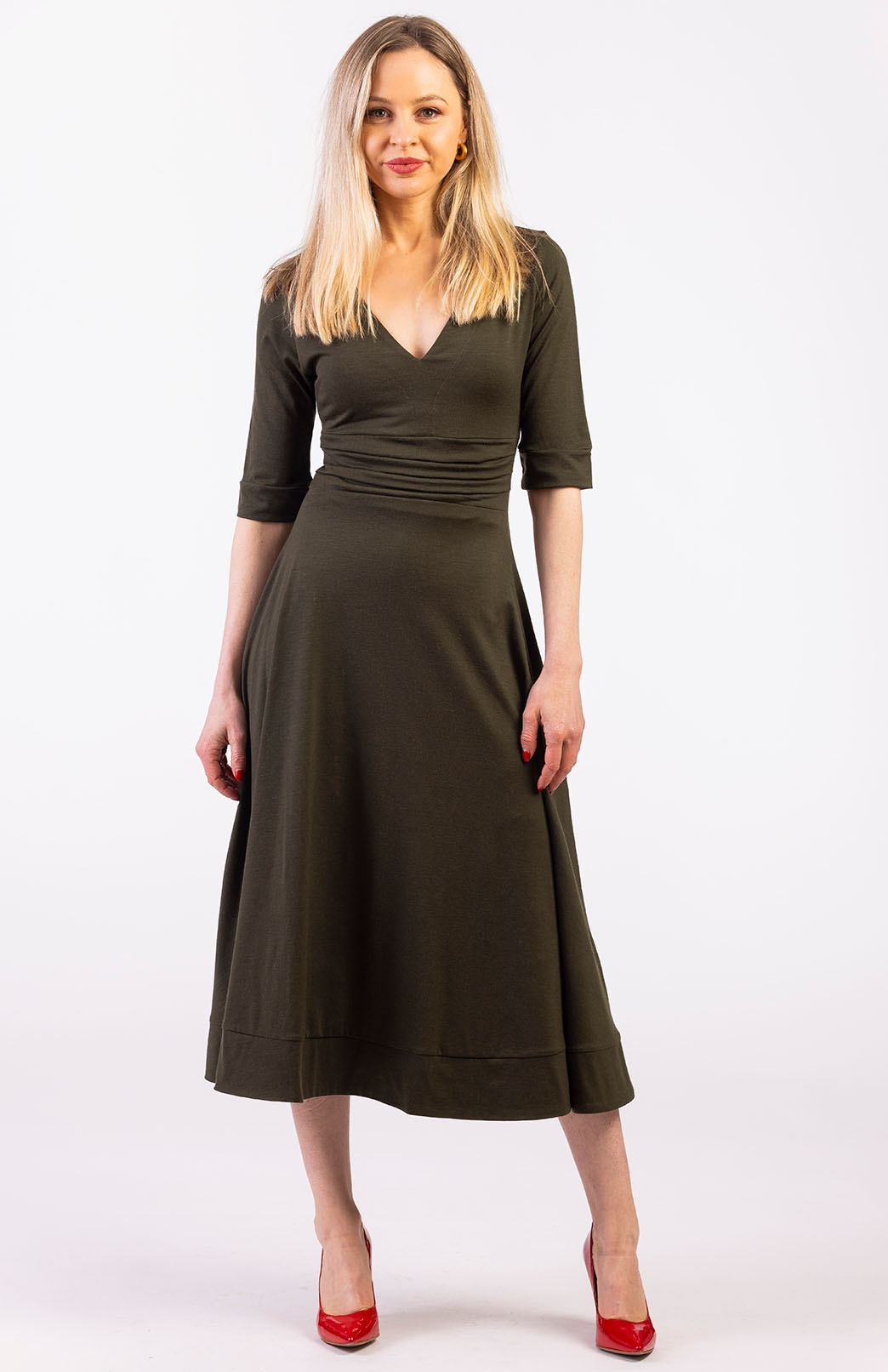 Kale Green Women's Merino Wool V-Neck Classic Dress