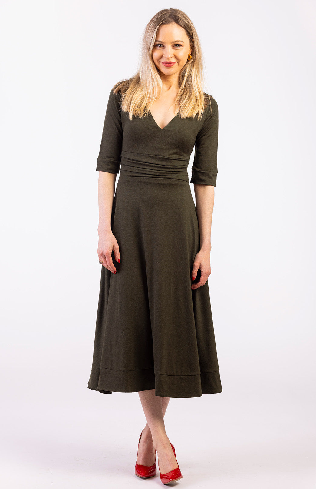 Kale Green Women's Merino Wool V-Neck Classic Dress