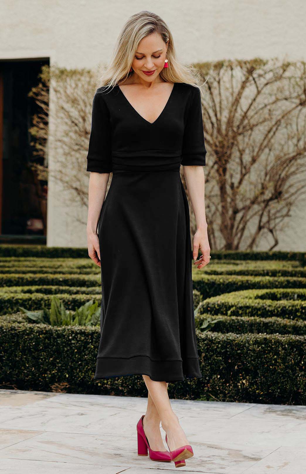 Black Women's Merino Wool V-Neck Classic Dress