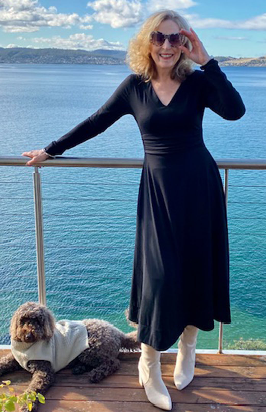 Black Women's Merino Wool V-Neck Classic Dress