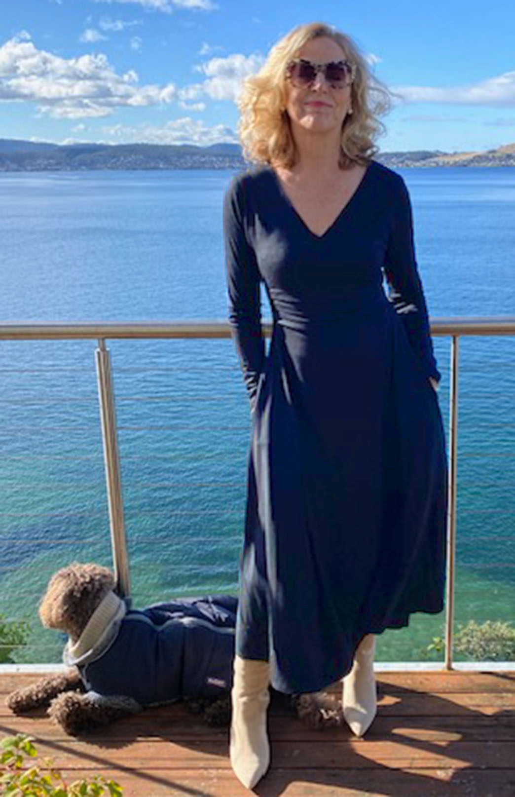 French Navy Blue Women&#39;s Merino Wool V-Neck Classic Dress
