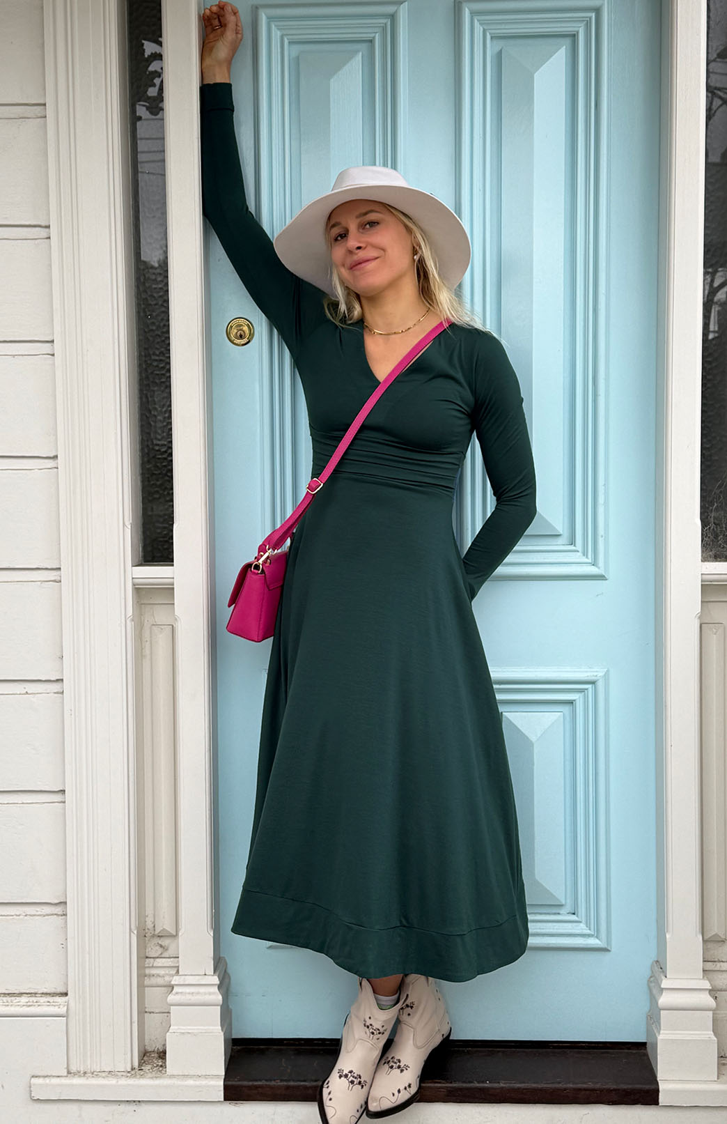 Deep Sea Green Women's Merino Wool V-Neck Classic Dress