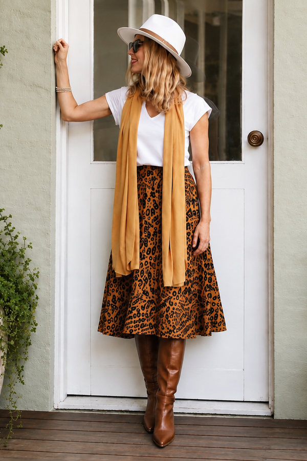 A woman stands on a porch wearing a white hat, white top, tan scarf, brown leopard-print skirt, and brown knee-high boots, posing in front of a white door with a potted plant and bench nearby.