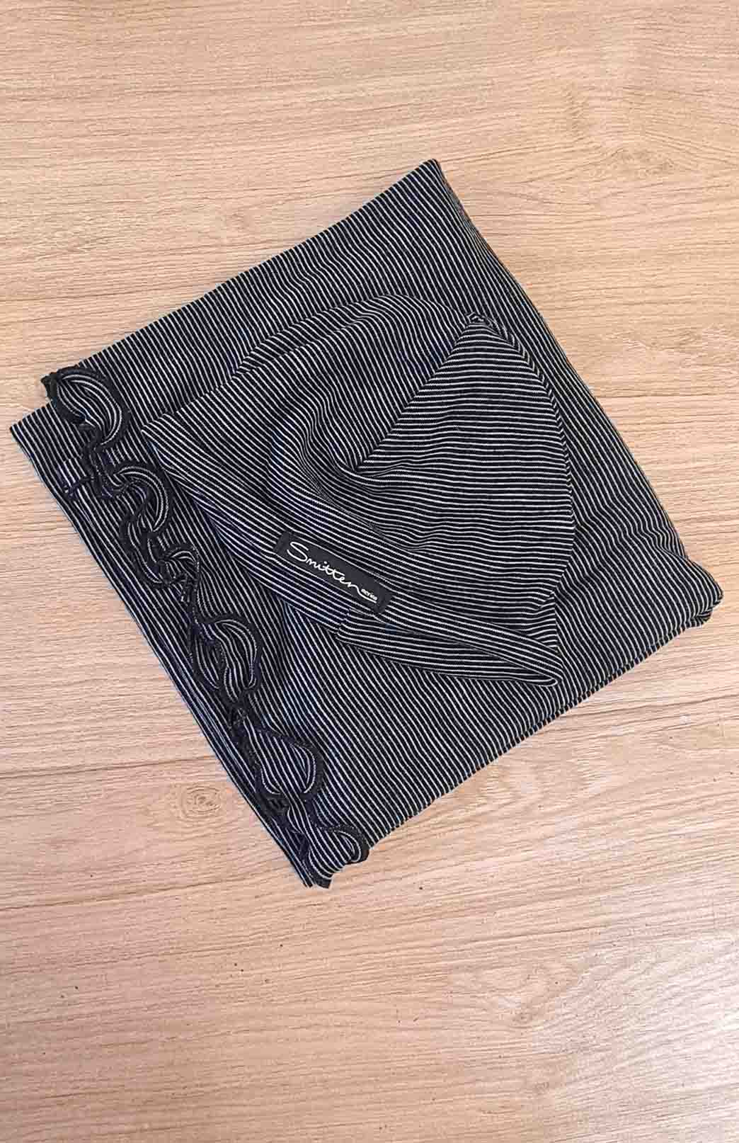 Black Pinstripe Pure Merino Wool Baby Wrap and Beanie Set