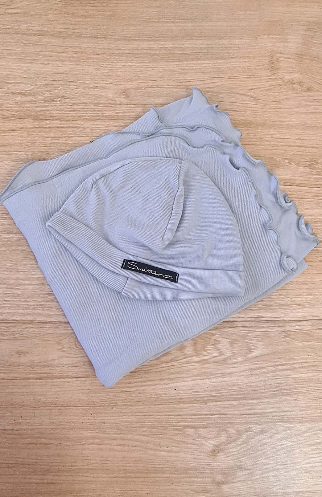 Blue Lilac Pure Merino Wool Baby Wrap and Beanie Set