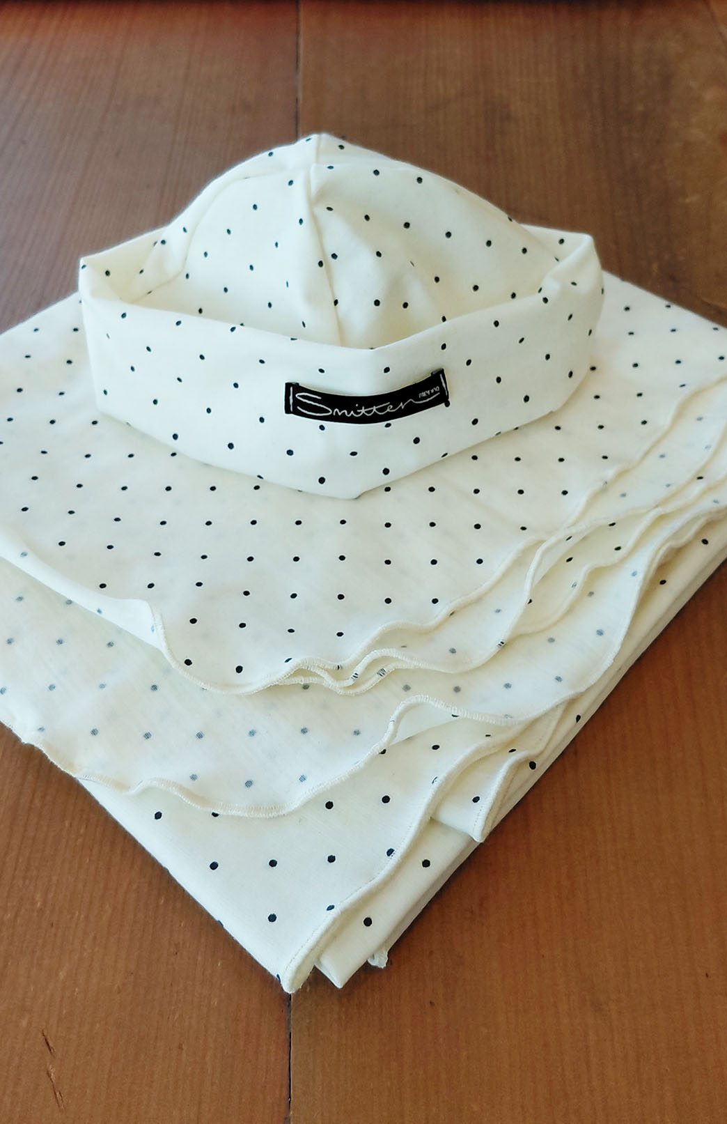 Vintage Ivory & Black Spot Pure Merino Wool Baby Wrap and Beanie Set