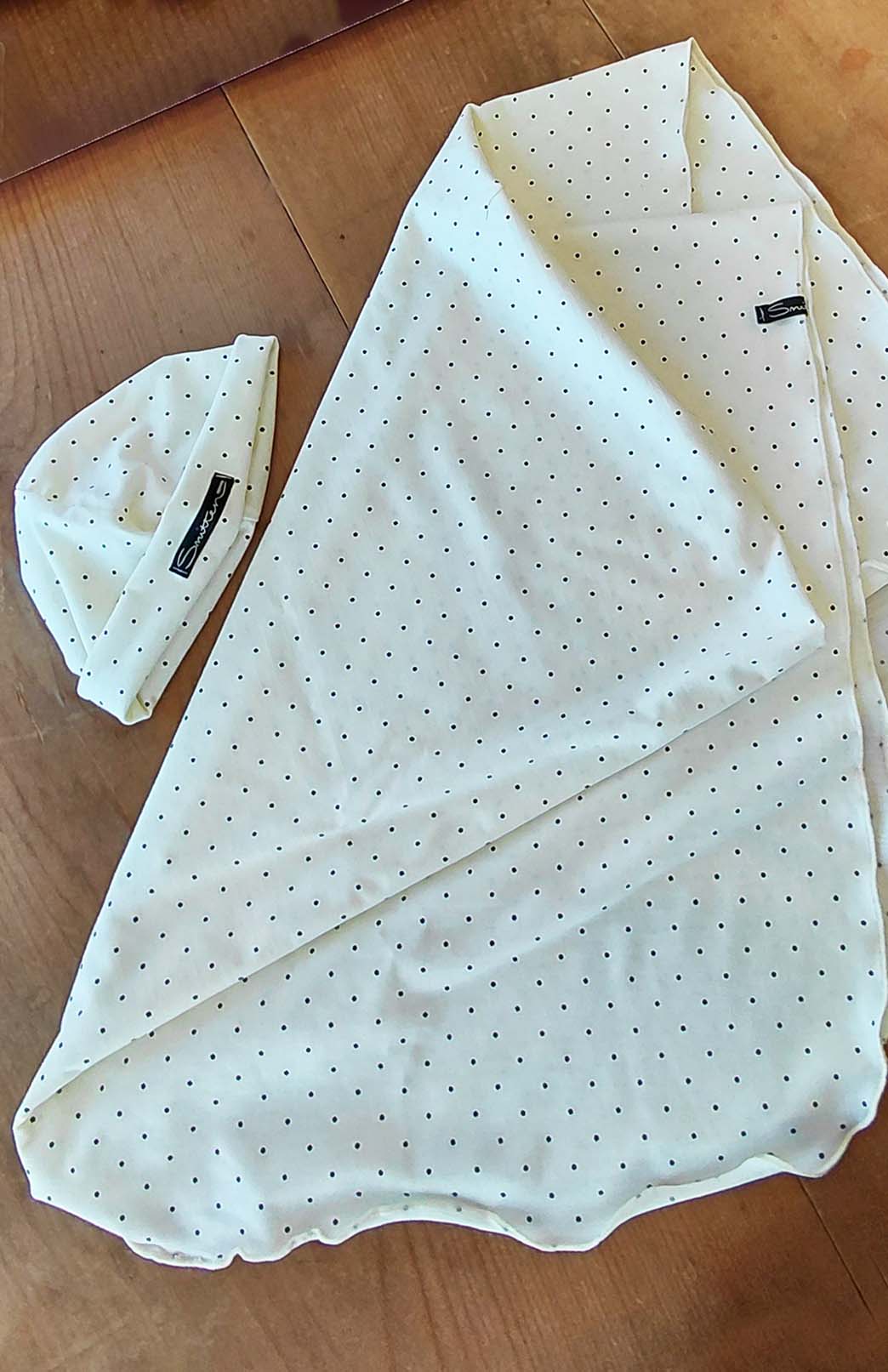 Vintage Ivory & Black Spot Pure Merino Wool Baby Wrap and Beanie Set