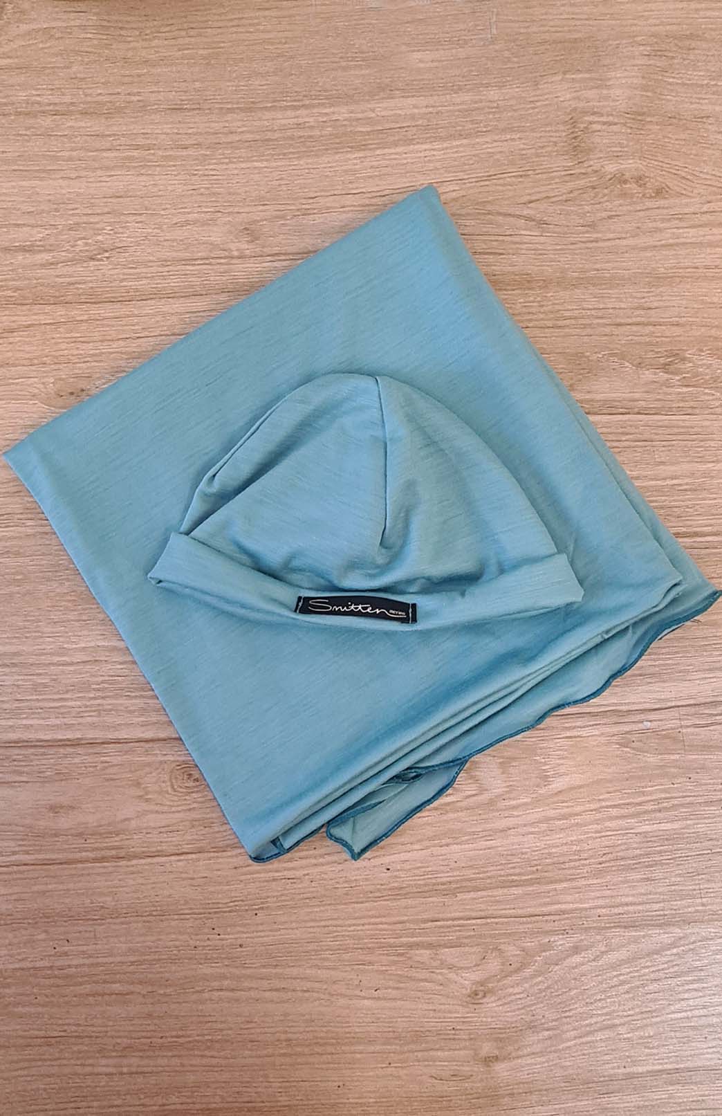 Seafoam Green Jersey Pure Merino Wool Baby Wrap and Beanie Set