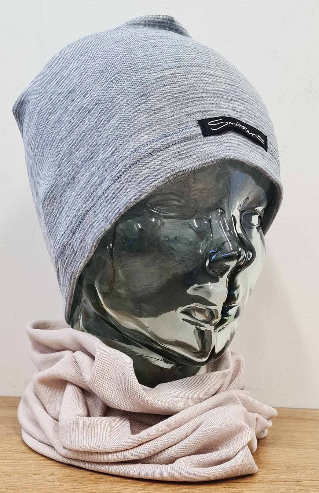 Ivory & Grey Marl Pinstripe Unisex Merino Wool Thermal Beanie