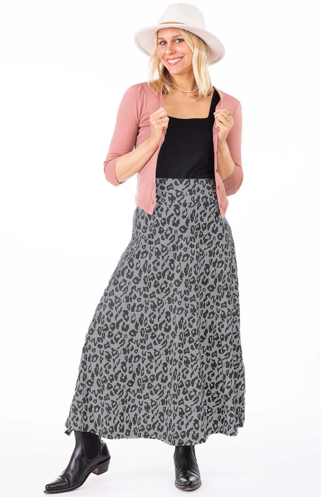 Grey Marl Leopard Women's Merino Wool Midweight A-Line Midi Skirt