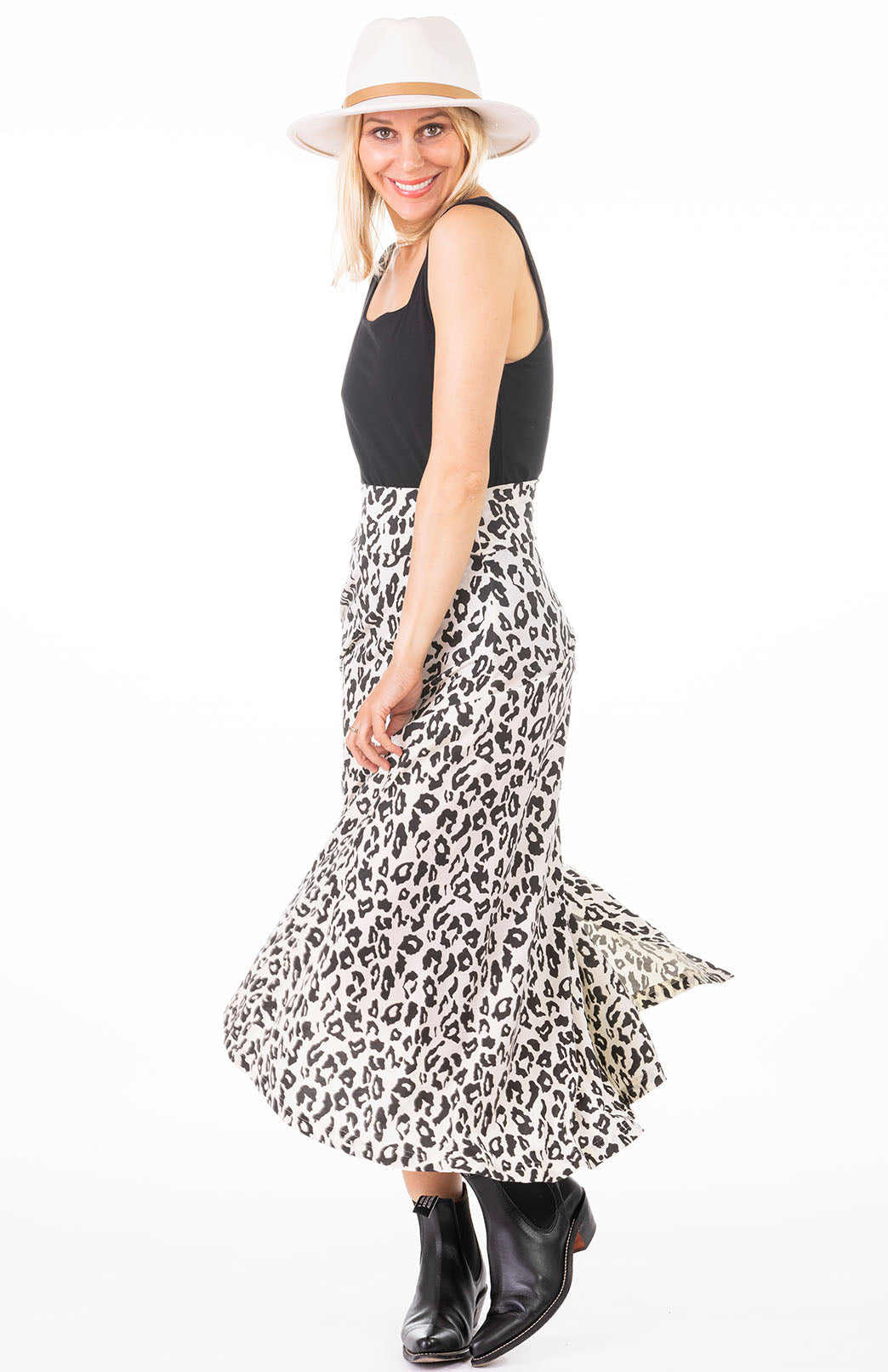 Vintage Ivory Leopard Women's Merino Wool Midweight A-Line Midi Skirt