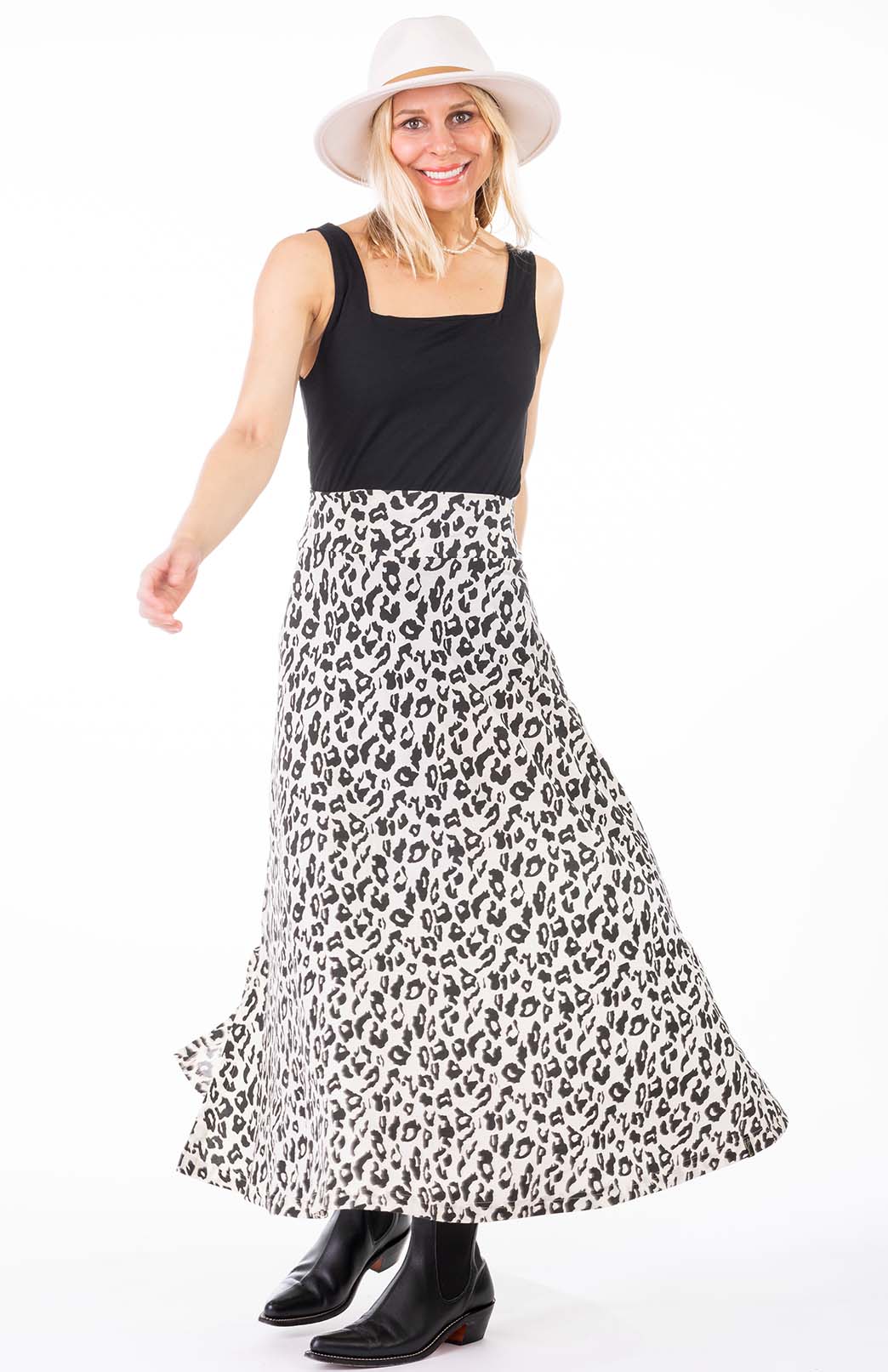 Vintage Ivory Leopard Women&#39;s Merino Wool Midweight A-Line Midi Skirt
