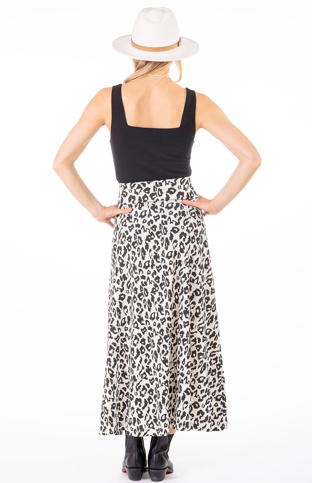 Vintage Ivory Leopard Women's Merino Wool Midweight A-Line Midi Skirt