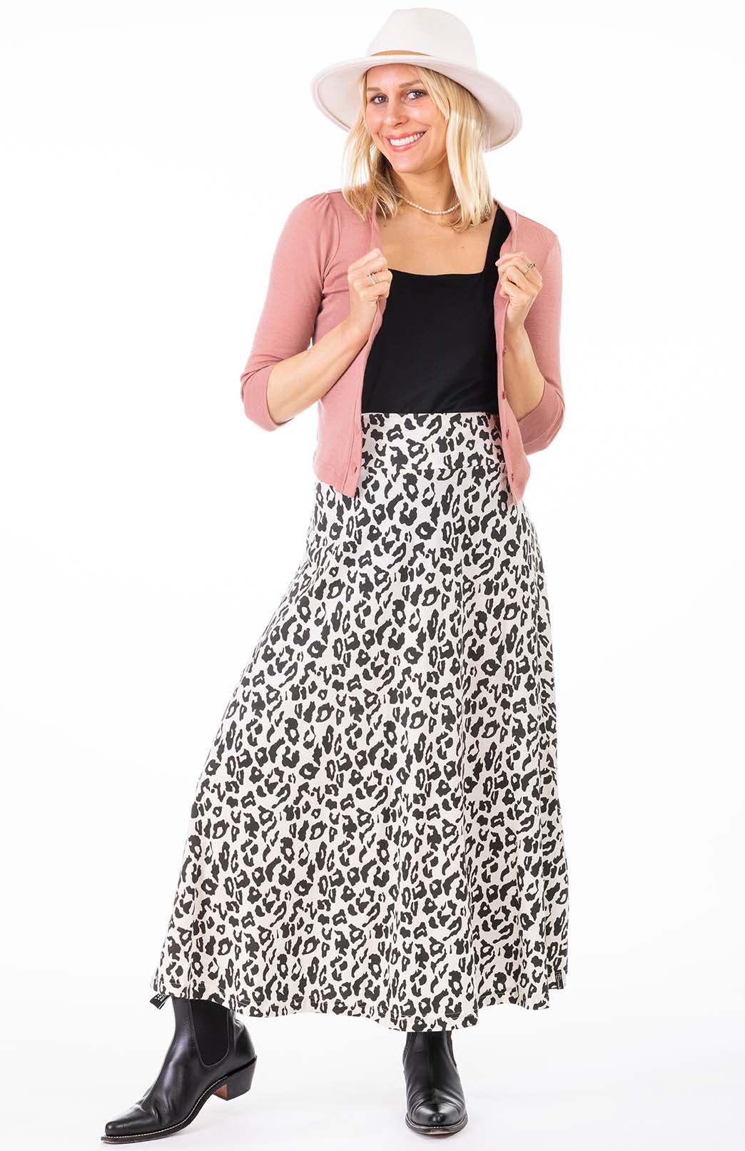 Vintage Ivory Leopard Women's Merino Wool Midweight A-Line Midi Skirt