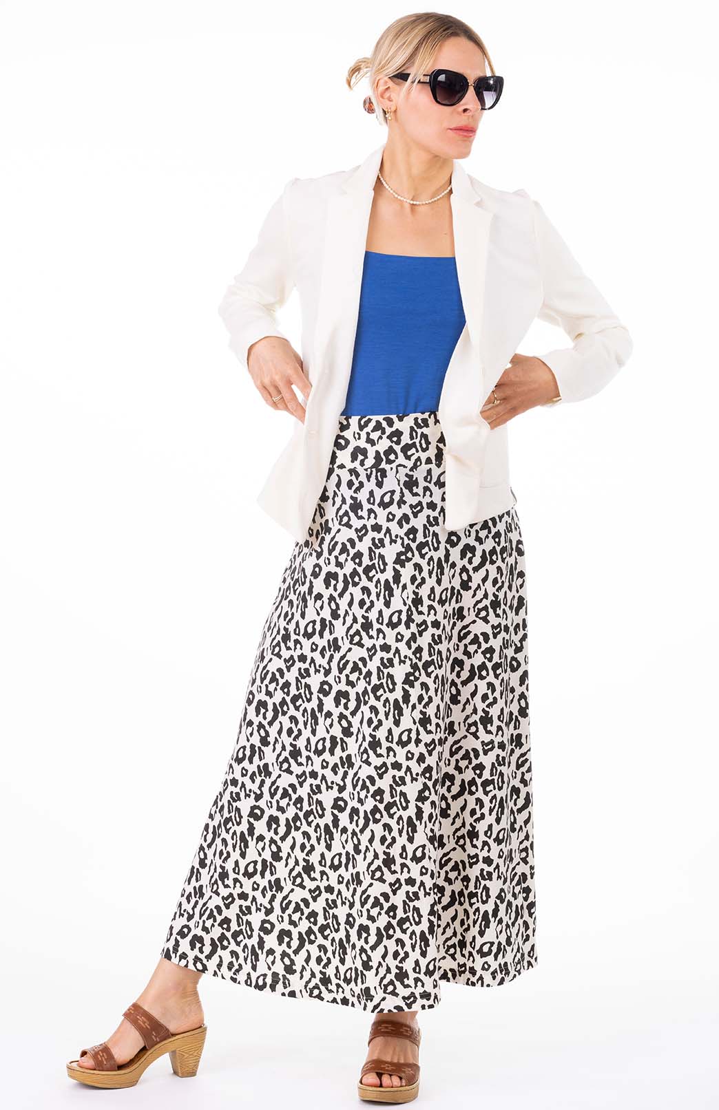 Vintage Ivory Leopard Women's Merino Wool Midweight A-Line Midi Skirt