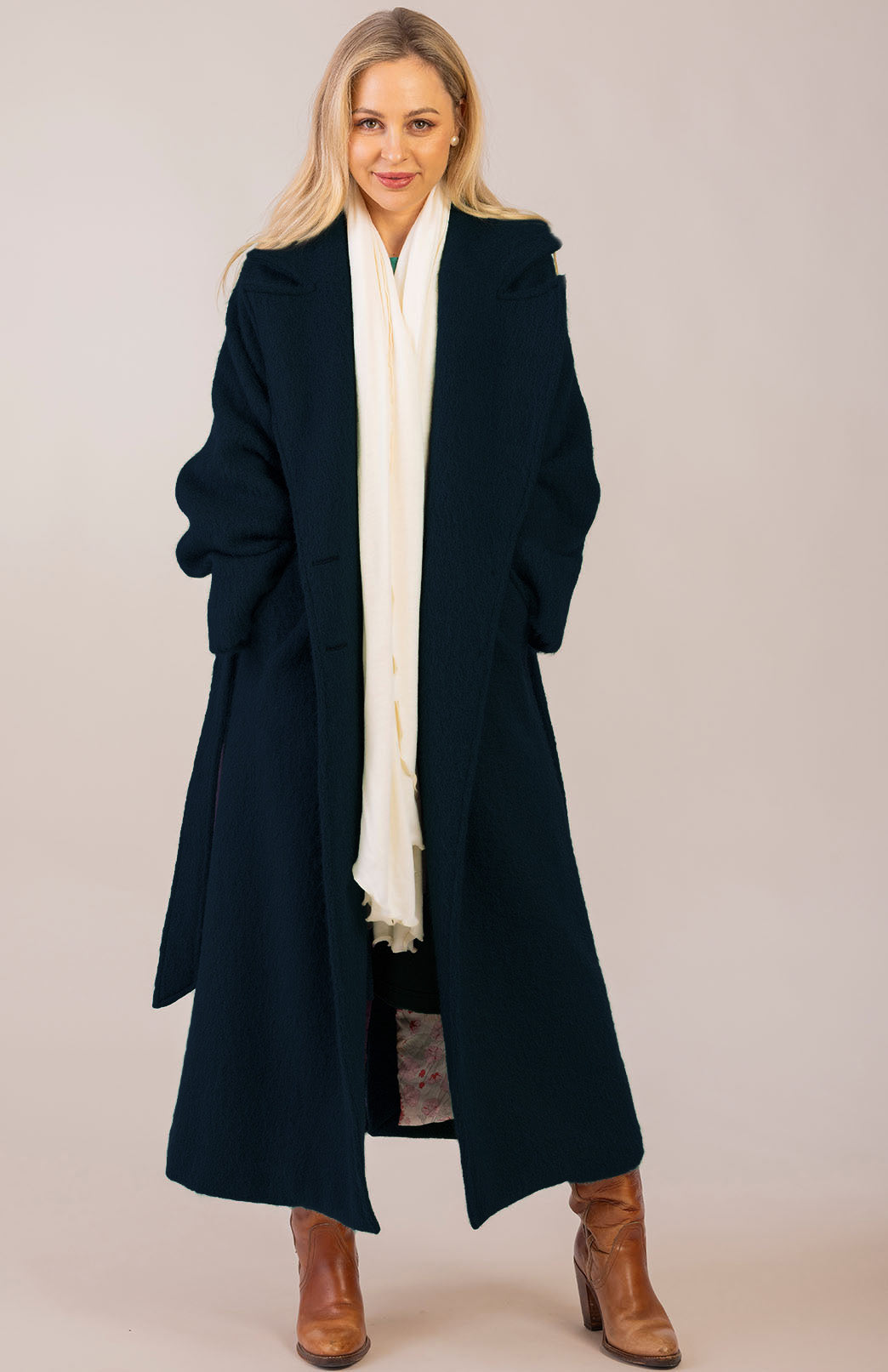 Navy Blue Women's Merino, Mohair and Alpaca Long Trench Coat