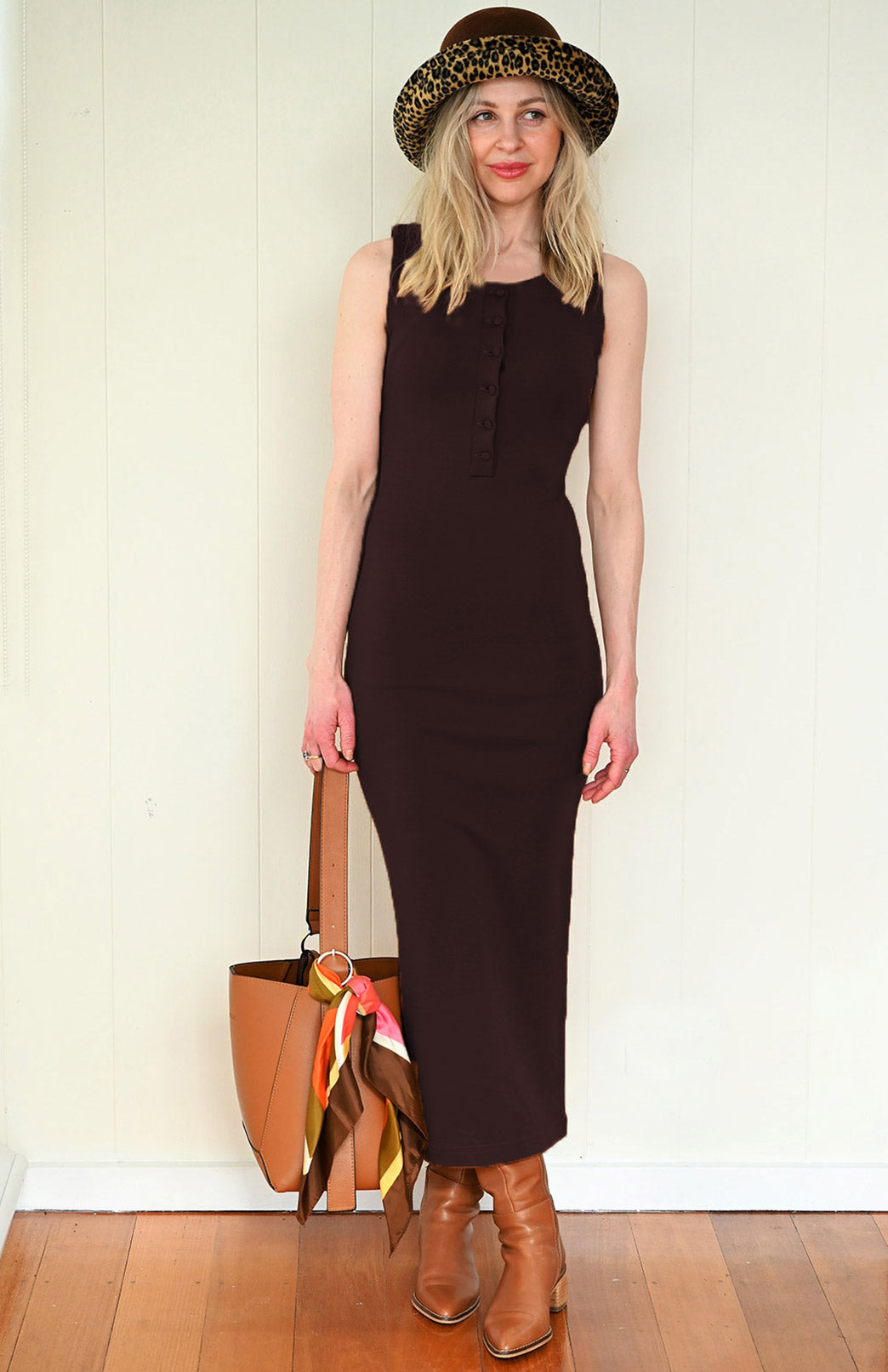 Black Women's Sleeveless Merino Wool Midi Dress with Button Detail