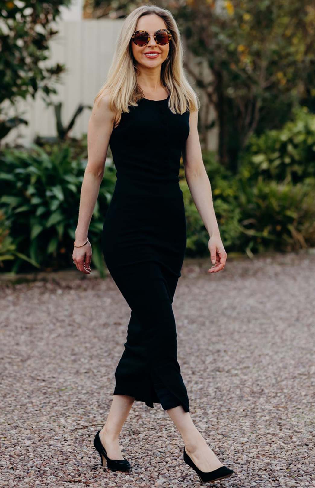 Black Women's Sleeveless Merino Wool Midi Dress with Button Detail