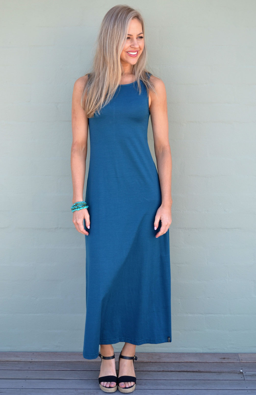 Storm Teal Women's Merino Wool Sleeveless Boat Neck Dress