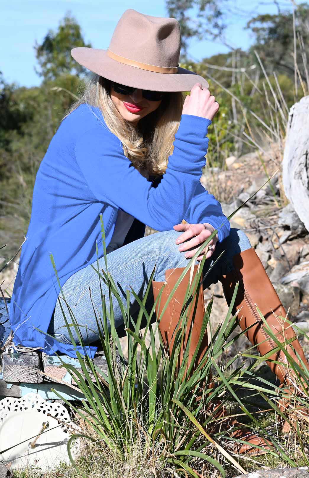 Cornflower Blue Women's Merino Wool Long Boyfriend Cardigan with Buttons