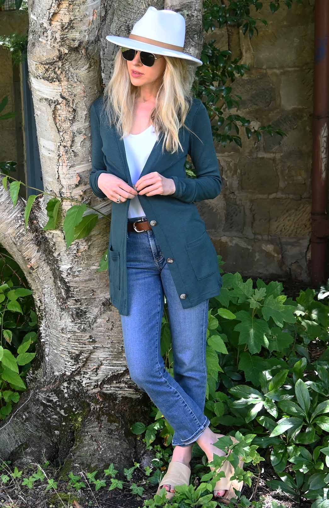 Deep Sea Green Women's Merino Wool Long Boyfriend Cardigan with Buttons