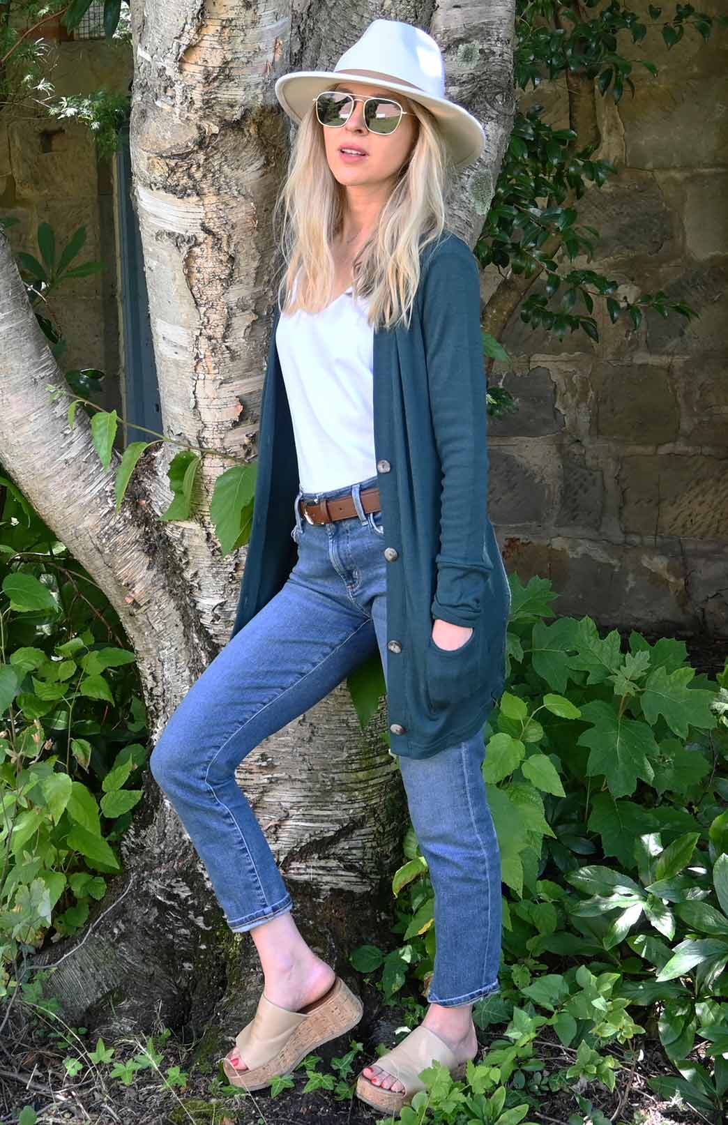 Deep Sea Green Women's Merino Wool Long Boyfriend Cardigan with Buttons