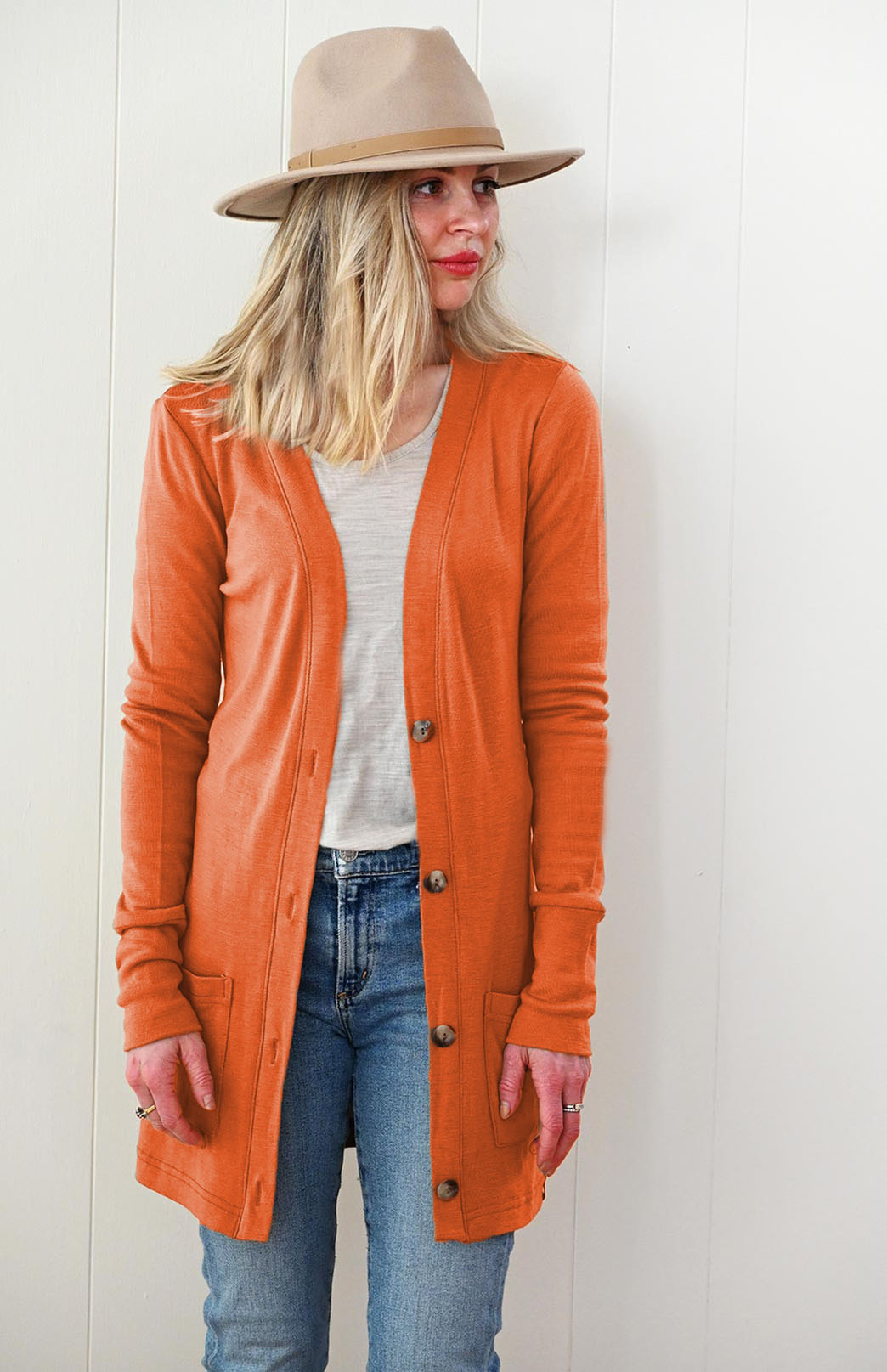 Burnt Orange Women's Merino Wool Long Boyfriend Cardigan with Buttons