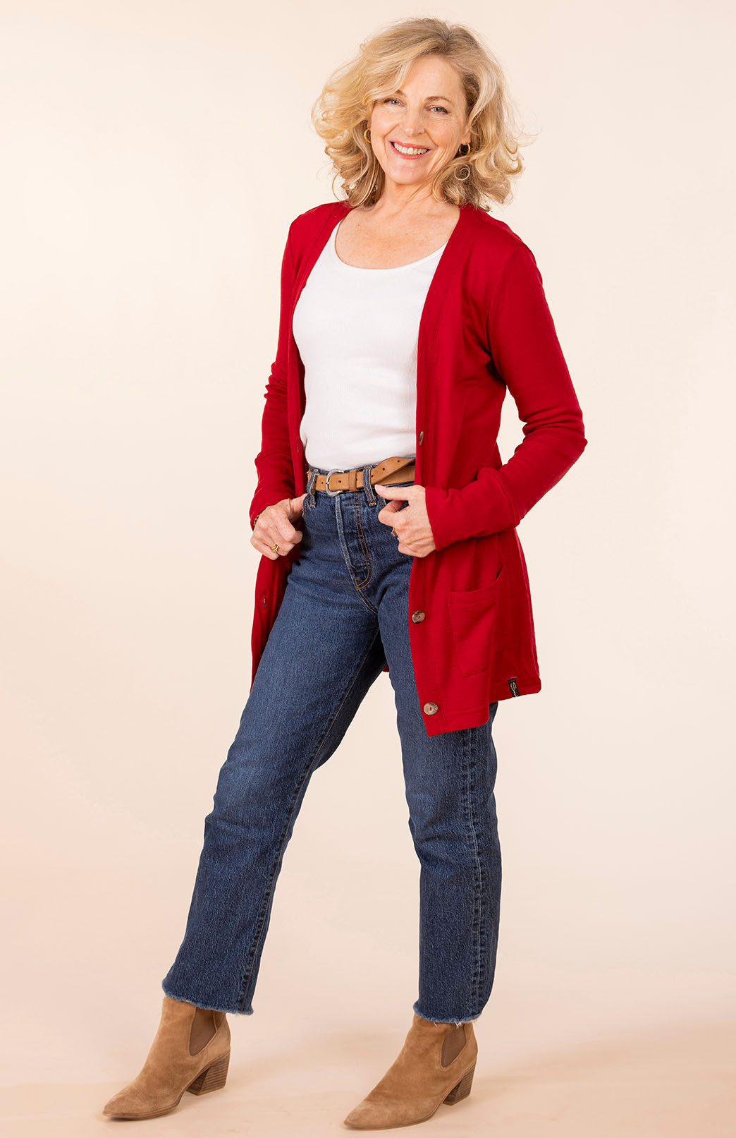 Chilli Red Women's Merino Wool Long Boyfriend Cardigan with Buttons