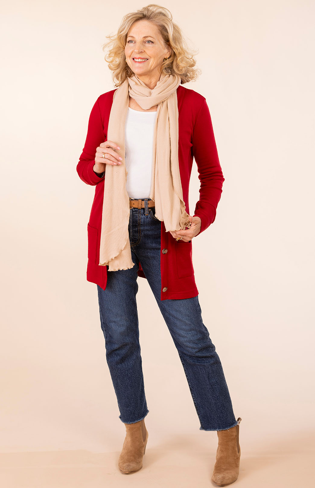 Chilli Red Women's Merino Wool Long Boyfriend Cardigan with Buttons