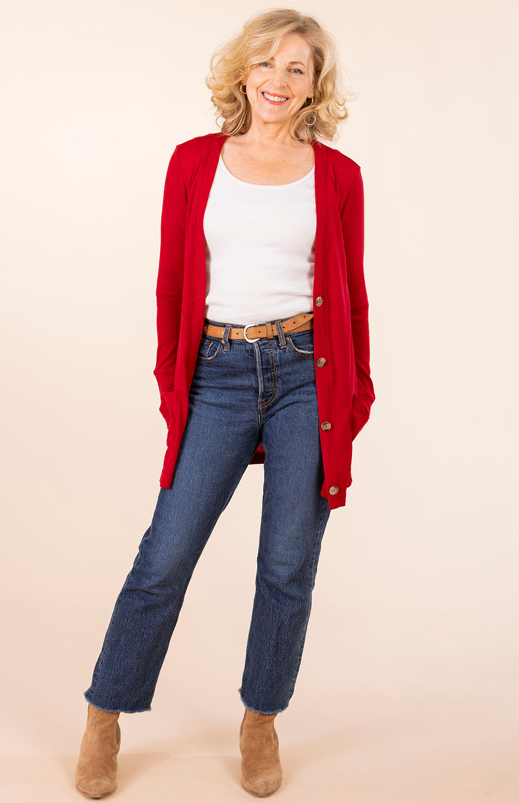 Chilli Red Women's Merino Wool Long Boyfriend Cardigan with Buttons