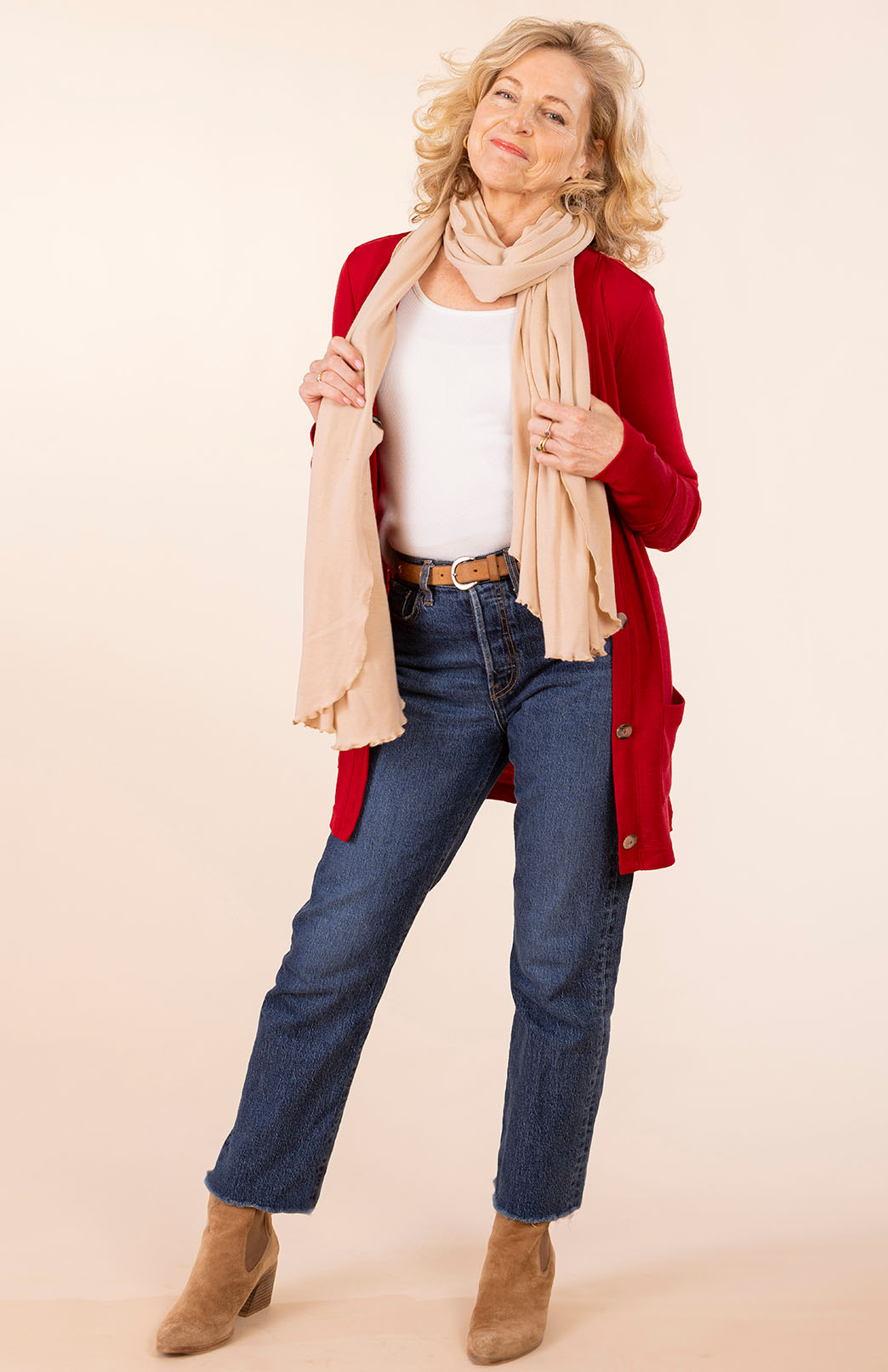 Chilli Red Women's Merino Wool Long Boyfriend Cardigan with Buttons