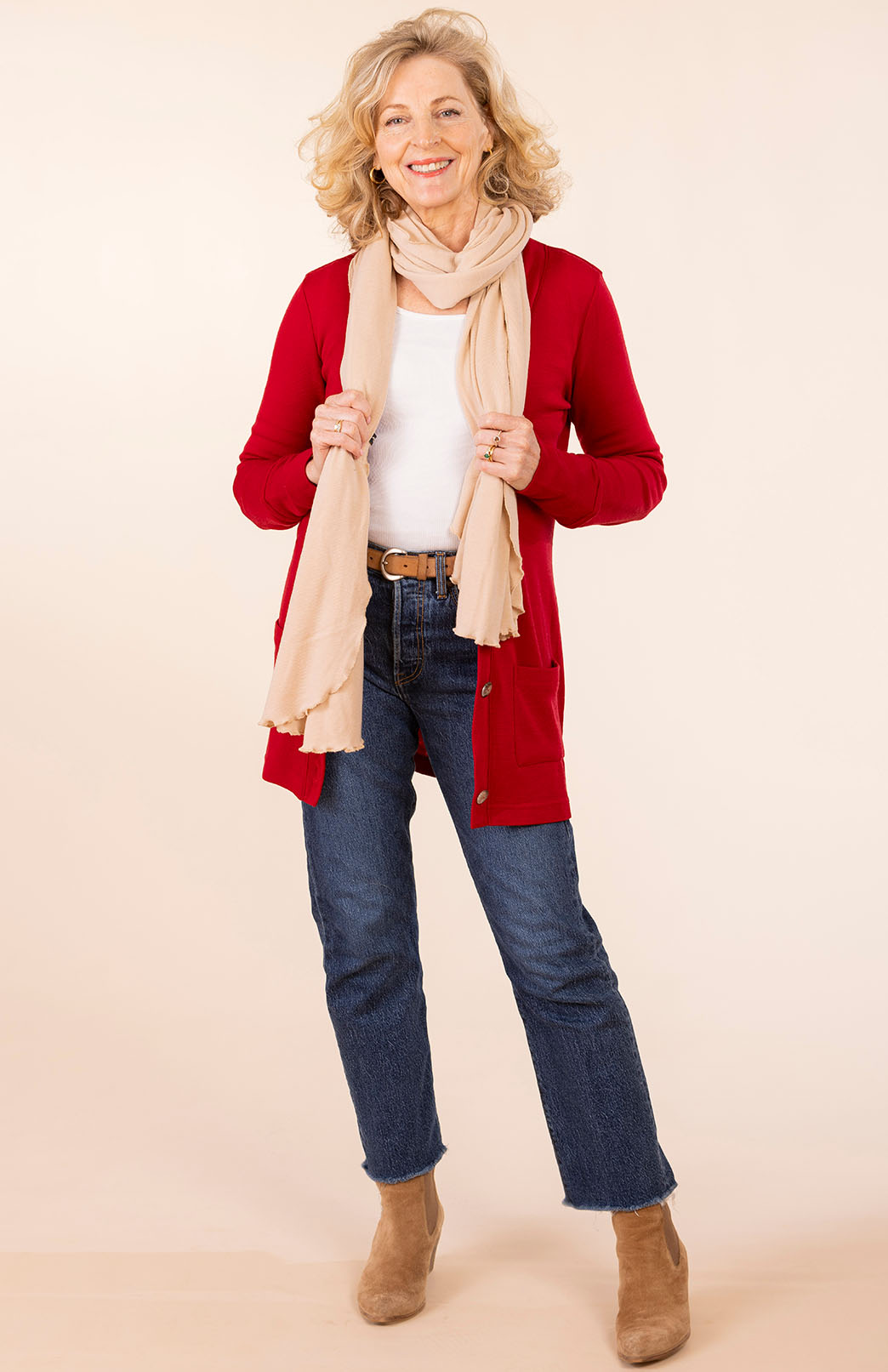 Chilli Red Women's Merino Wool Long Boyfriend Cardigan with Buttons