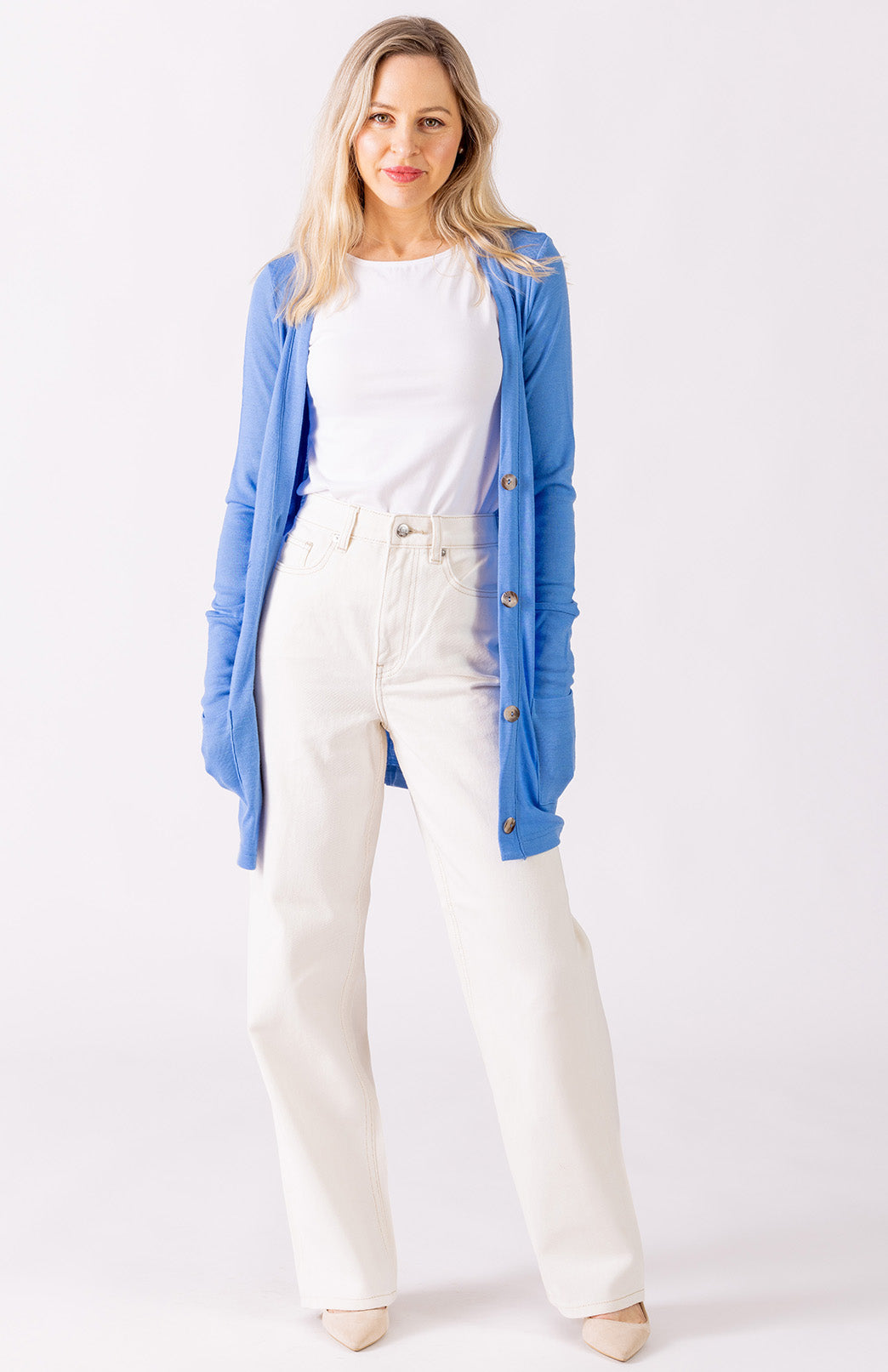 Cornflower Blue Women's Merino Wool Long Boyfriend Cardigan with Buttons